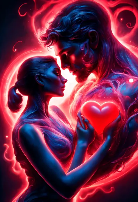 （A glowing red heart for a man giving a woman a floating oversized ethereal love atom heart glowing red beat in the center of the frame.：0.85），（Tom Hardy and Audrey Hepburn）（Hug face to face，share a huge heart），Black light art，sharp focus，Toned muscles，Bac...