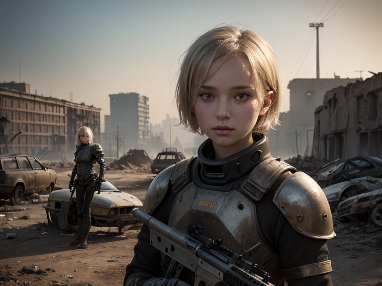 Russian girl 16 years old ,Blonde Dirty Short Hair, dusty face, Dressed in the armor of the future, Against the backdrop of a desolate post-apocalypse, Ruined Moscow, Ruins of the Kremlin, AR-16 rifle in hand, the wind, dust, Destroyed buildings, Skeletons of burnt cars, Oppressive atmosphere, Dirty skies, photo realism, Sharp focus, Human bones and skulls are scattered everywhere, garbage heaps,Wreckage of buildings,Fallout,Photo 3/4, Realistic Facial Skin, Dust on clothes,Oppressive atmosphere,