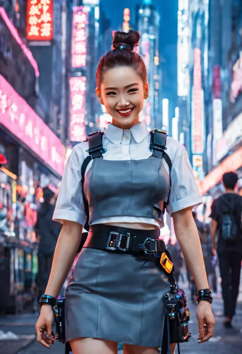 masterpiece, best quality, ((smiling)) cyberpunk girls standing, having grey and grey uniform and black long skirt, Harajuku-ins...