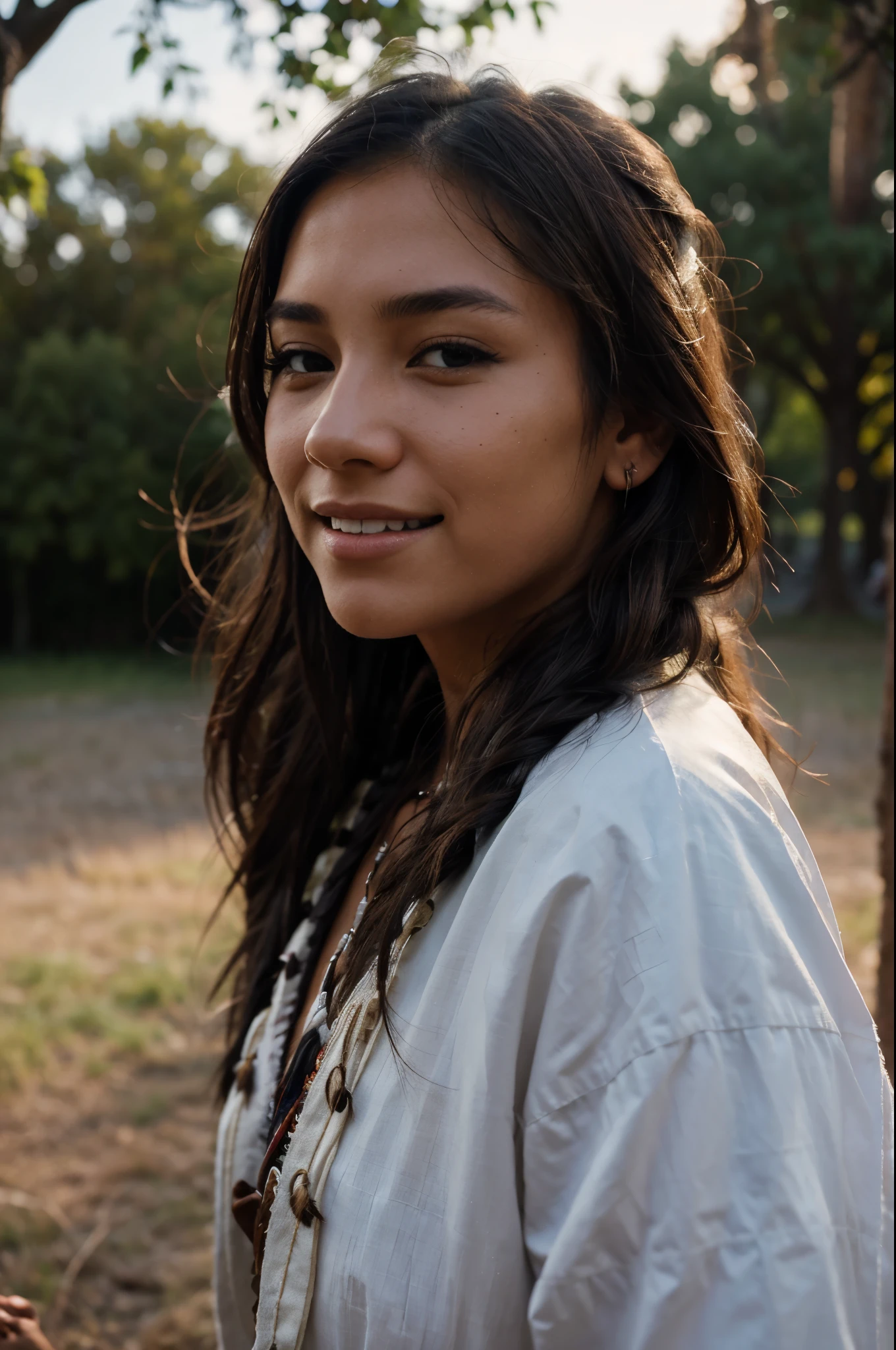 (grainy:0.5), cinematic, girl,native american,fantasy,(solo:1.3), detailed eyes, detailed face, detailed native american clothing , volumetric lighting, dusk, extremely detailed background, standing next to tree, smiling, half closed eyes, tilted head, from side A Woman Dressed in White Singing Focus Only on the Woman