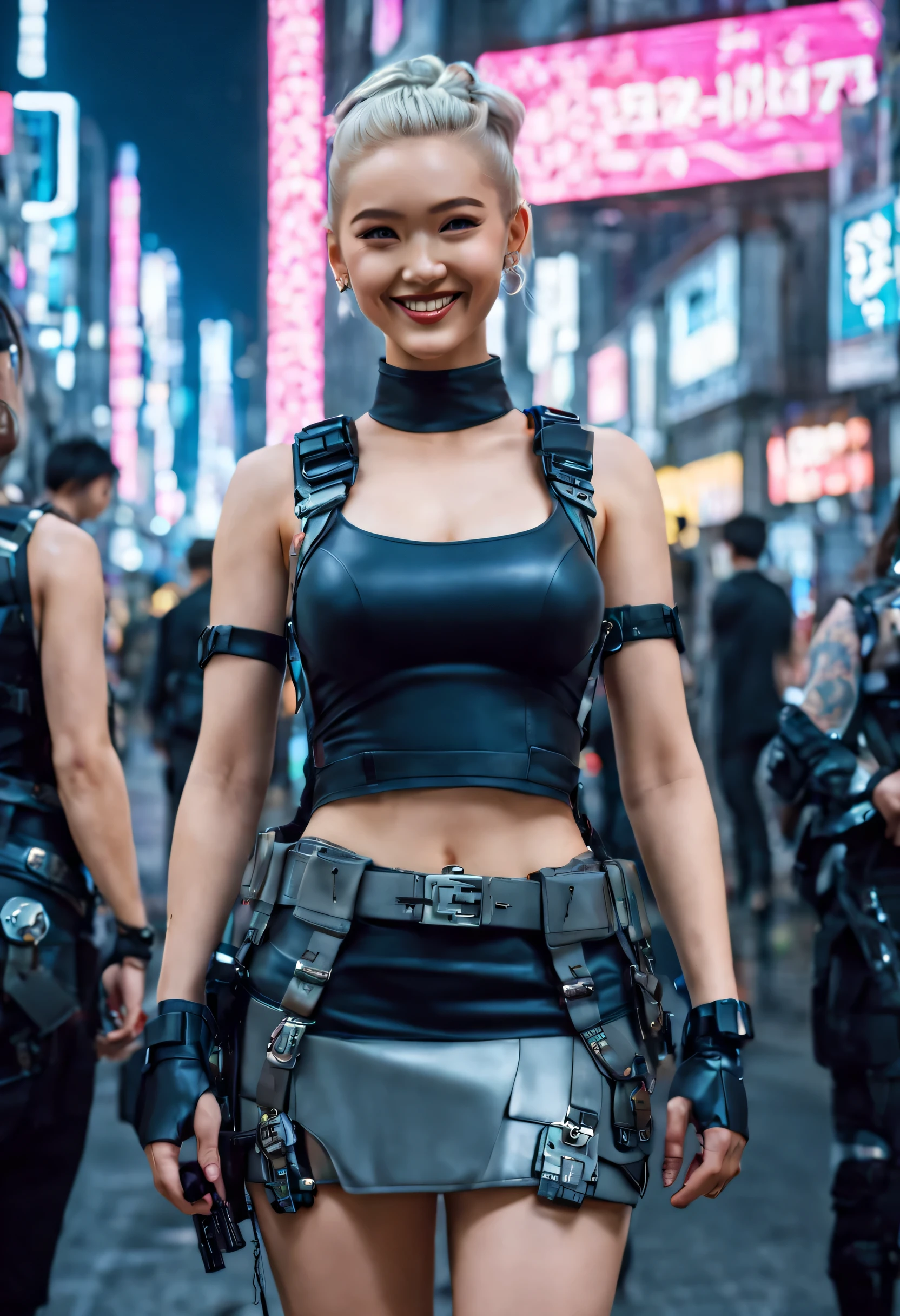 chef-d&#39;œuvre, meilleure qualité, ((souriant)) filles cyberpunk debout, avoir un uniforme gris et gris et une jupe longue noire, Harnais cyberpunk d&#39;inspiration Harajuku, Couleurs et motifs audacieux, des accessoires accrocheurs, coiffure tendance et innovante aux influences baroques, Paysage urbain cyberpunk éblouissant, grattes ciels, enseignes au néon lumineux, Lumières LED, Illustration animée, texture de peau détaillée, Texture de tissu détaillée, beau visage détaillé, Détails complexes, ultra détaillé, éclairage cinématographique, fort contraste.