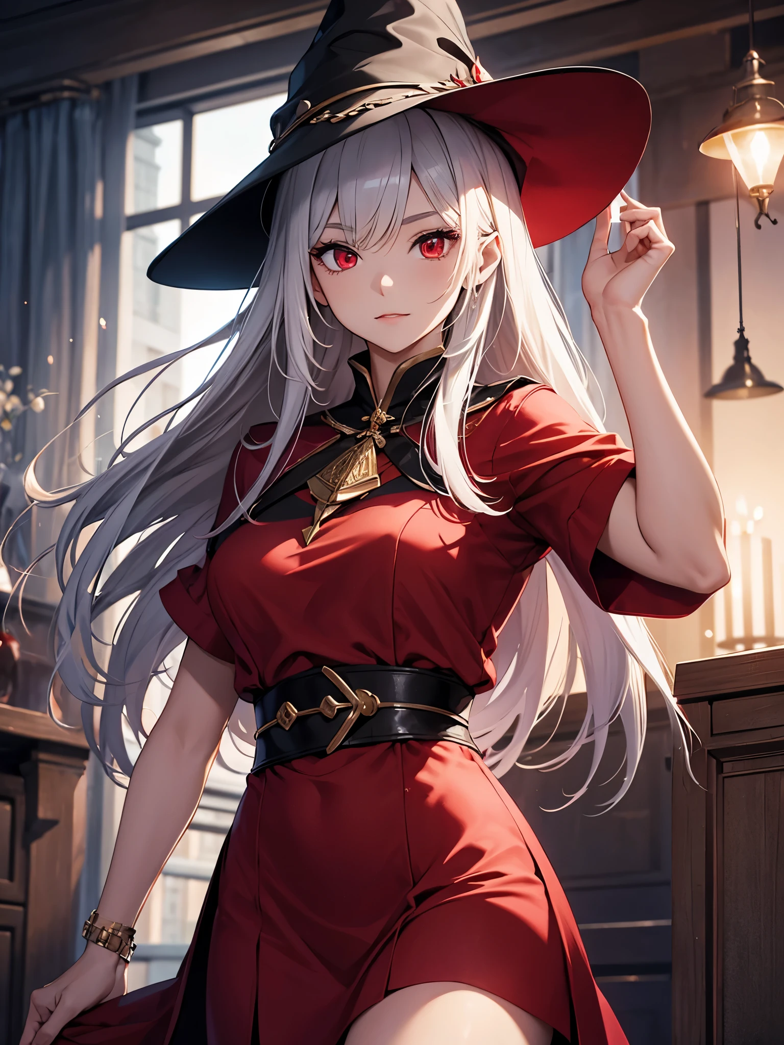 A mature girl, wear wizard hat, wear red dress, red eyes, light skin