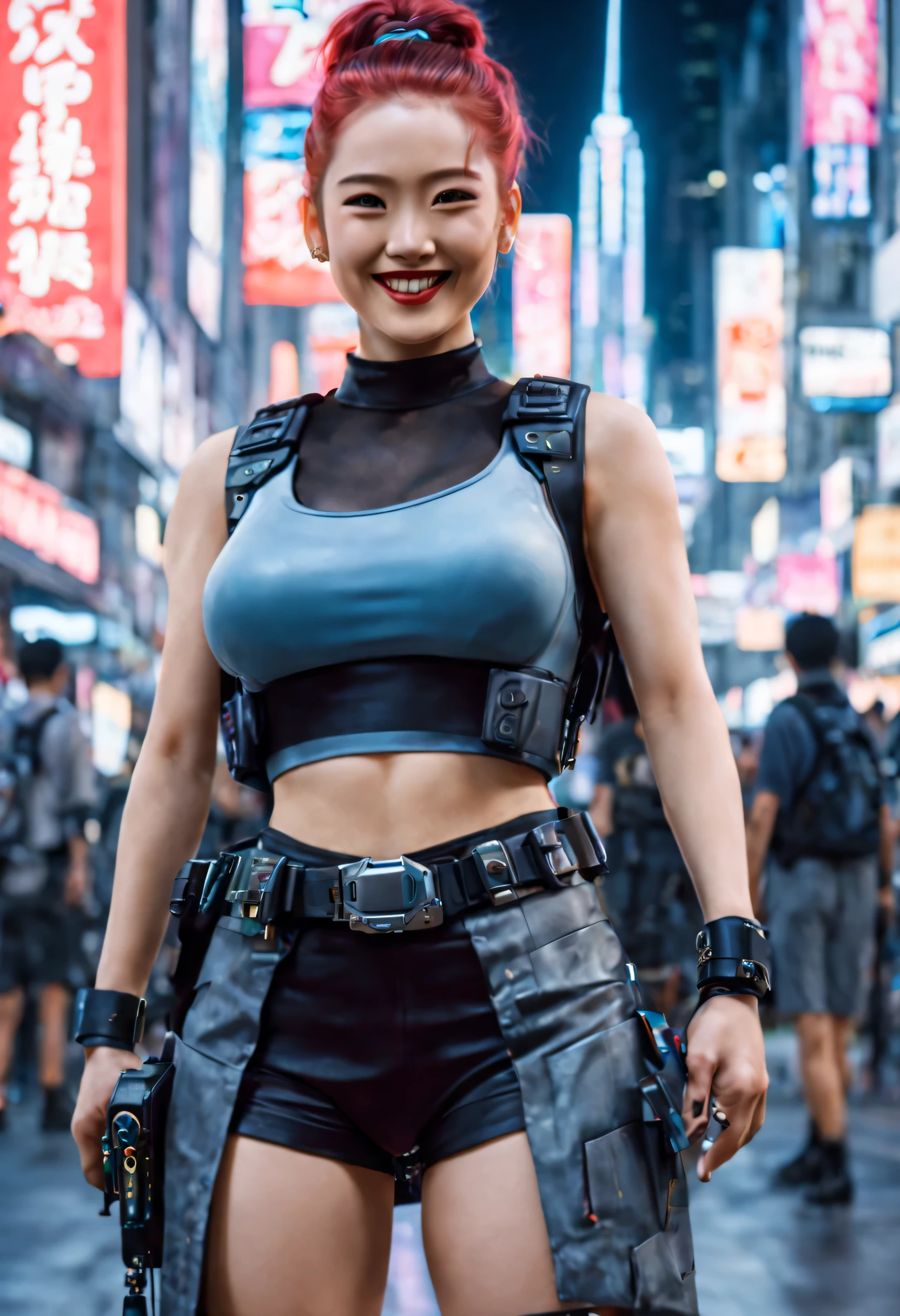 chef-d&#39;œuvre, meilleure qualité, ((souriant)) filles cyberpunk debout, avoir un uniforme gris et gris et une jupe longue noire, Harnais cyberpunk d&#39;inspiration Harajuku, Couleurs et motifs audacieux, des accessoires accrocheurs, coiffure tendance et innovante aux influences baroques, Paysage urbain cyberpunk éblouissant, grattes ciels, enseignes au néon lumineux, Lumières LED, Illustration animée, texture de peau détaillée, Texture de tissu détaillée, beau visage détaillé, Détails complexes, ultra détaillé, éclairage cinématographique, fort contraste.