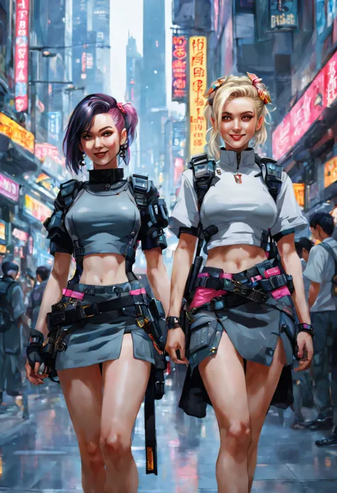 masterpiece, best quality, ((smiling)) cyberpunk girls standing, having grey and grey uniform and black long skirt, harajuku-ins...