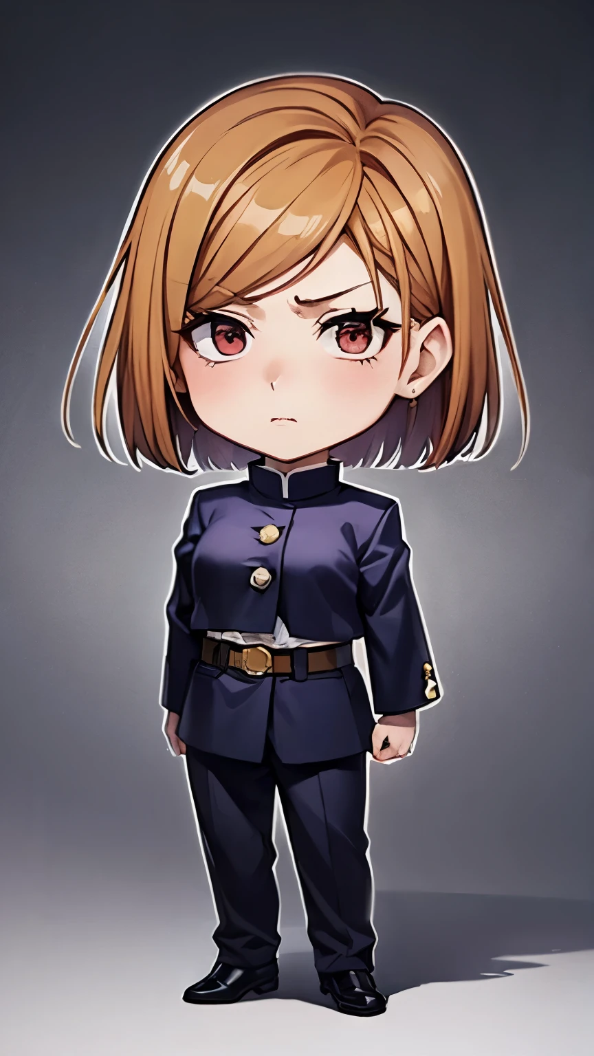 Chibi character pixel art, ((nobara kugisaki)), 1 girl with short brown hair standing, Chibi style, high quality pixel art, Gege Akutami, photography, beautiful, colorful,realistic, masterpieces, top quality, best quality, official art, beautiful and aesthetic.