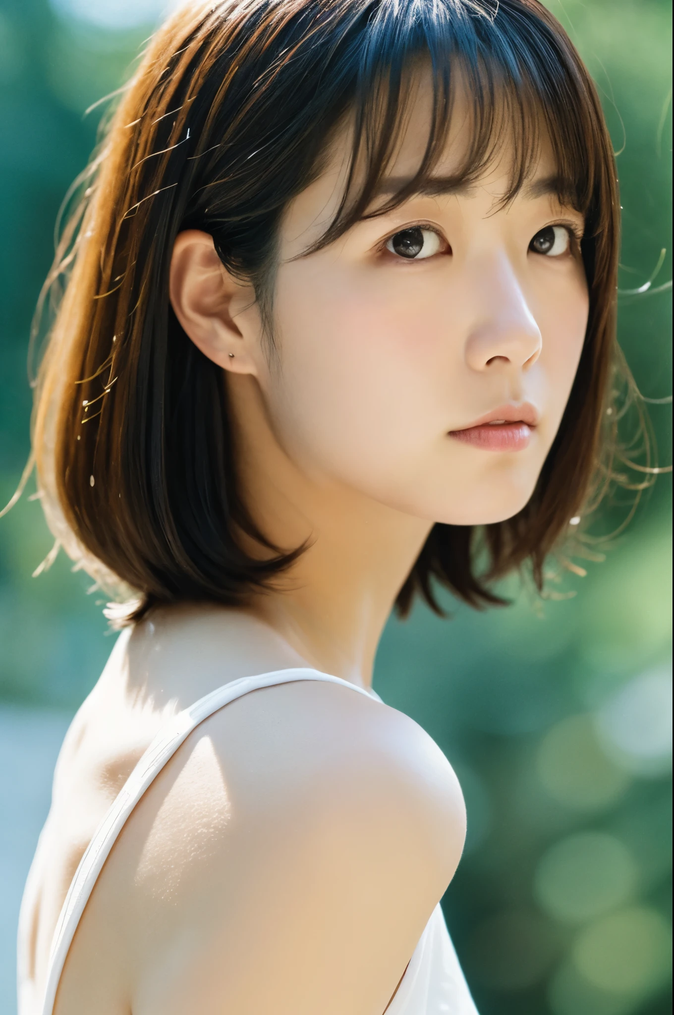 movie, film portrait photography, Hosomi Japanese woman, 30 years old, bare shoulders, wavy shoulder-length hair, calm, Calm, (realistic detailed eyes, natural skin texture, realistic facial details), soft and dramatic lighting, Depth of bounds written, Bokeh, vivid details, in detail, surreal, 35mm film, hazy blur