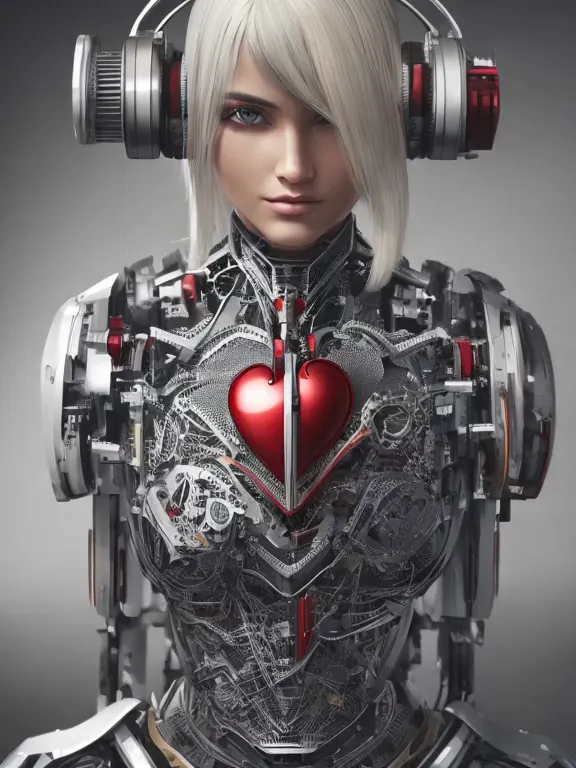 (dissection:1.3) of a (damaged:1.2) (machine:1.1) with white hair and beautiful detailed red eyes, she has a (mechanical heart:1...