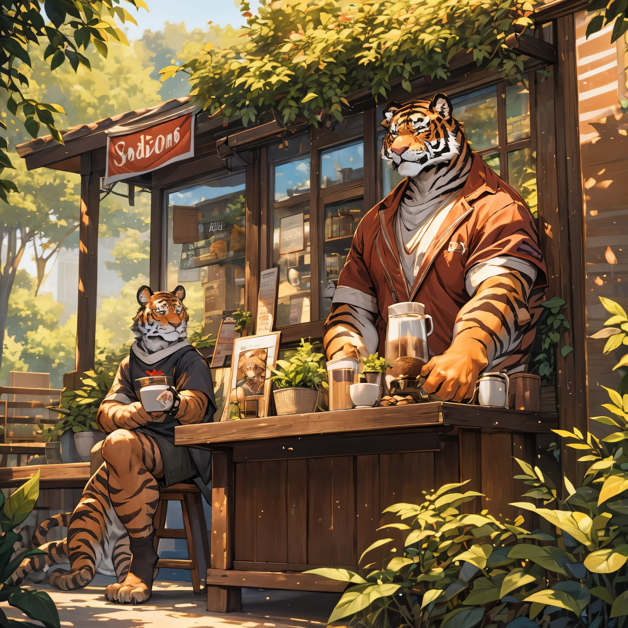 (beste Qualität,4k,8k,highres,Meisterwerk:1.2),ultra-detailliert,(realistisch,photorealistisch,photo-realistisch:1.37),tiger man,Kaffee,Tageslicht,Cafe,entspannende Atmosphäre,Tigermerkmale,humanoid tiger,Mensch-Tiger-Hybrid,Streifen,wilde Augen,Schnurrhaare,Krallen,quiet Cafe,Barista,Dekor mit Tiger-Print,Gemütliche Sitzgelegenheiten,Pflanzen,Geflecktes Sonnenlicht,A4-Illustrationsstil,lebendige Farben,warme Töne,sanfte Beleuchtung,Vintage-Atmosphäre,aromatic Kaffee scent,steaming Kaffee cup,Grün im Hintergrund,friedliche Atmosphäre,pelzige Textur,heiterer Ausdruck