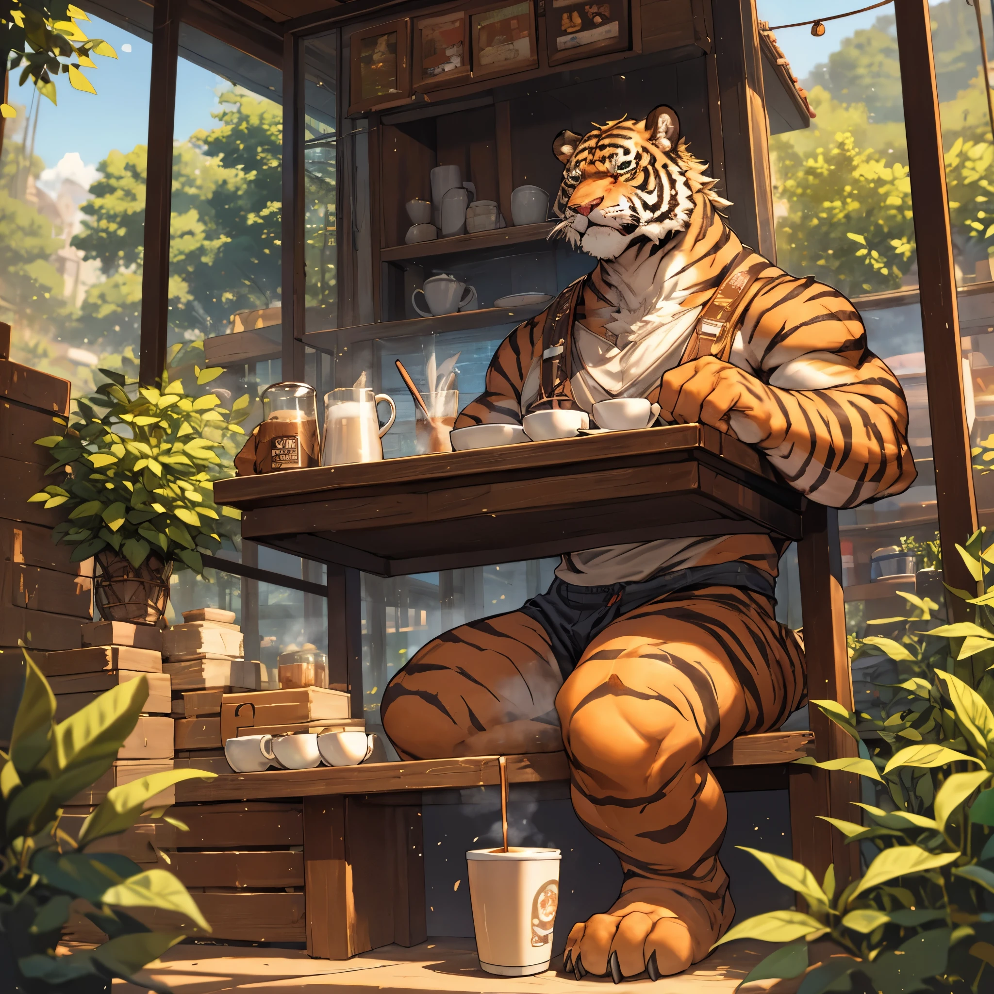 (beste Qualität,4k,8k,highres,Meisterwerk:1.2),ultra-detailliert,(realistisch,photorealistisch,photo-realistisch:1.37),tiger man,Kaffee,Tageslicht,Cafe,entspannende Atmosphäre,Tigermerkmale,humanoid tiger,Mensch-Tiger-Hybrid,Streifen,wilde Augen,Schnurrhaare,Krallen,quiet Cafe,Barista,Dekor mit Tiger-Print,Gemütliche Sitzgelegenheiten,Pflanzen,Geflecktes Sonnenlicht,A4-Illustrationsstil,lebendige Farben,warme Töne,sanfte Beleuchtung,Vintage-Atmosphäre,aromatic Kaffee scent,steaming Kaffee cup,Grün im Hintergrund,friedliche Atmosphäre,pelzige Textur,heiterer Ausdruck