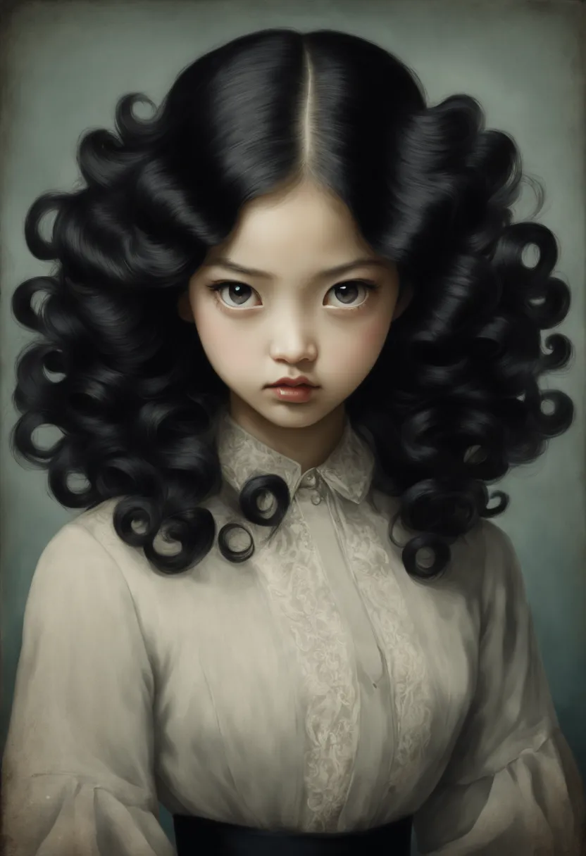 A cute and beautiful girl，long black hair，curls，Serious expression，Mystery，Junji Ito's style，front，Vintage portrait，（（（A source ...