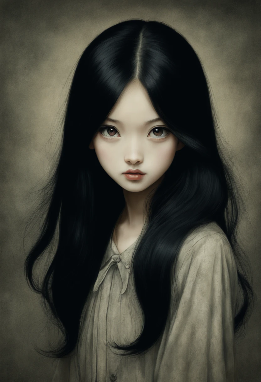 一個可愛又美麗的女孩，黑色長髮，神秘，伊藤润二的风格，正面，复古肖像，（（（灵感的源泉：马克·莱顿）））
