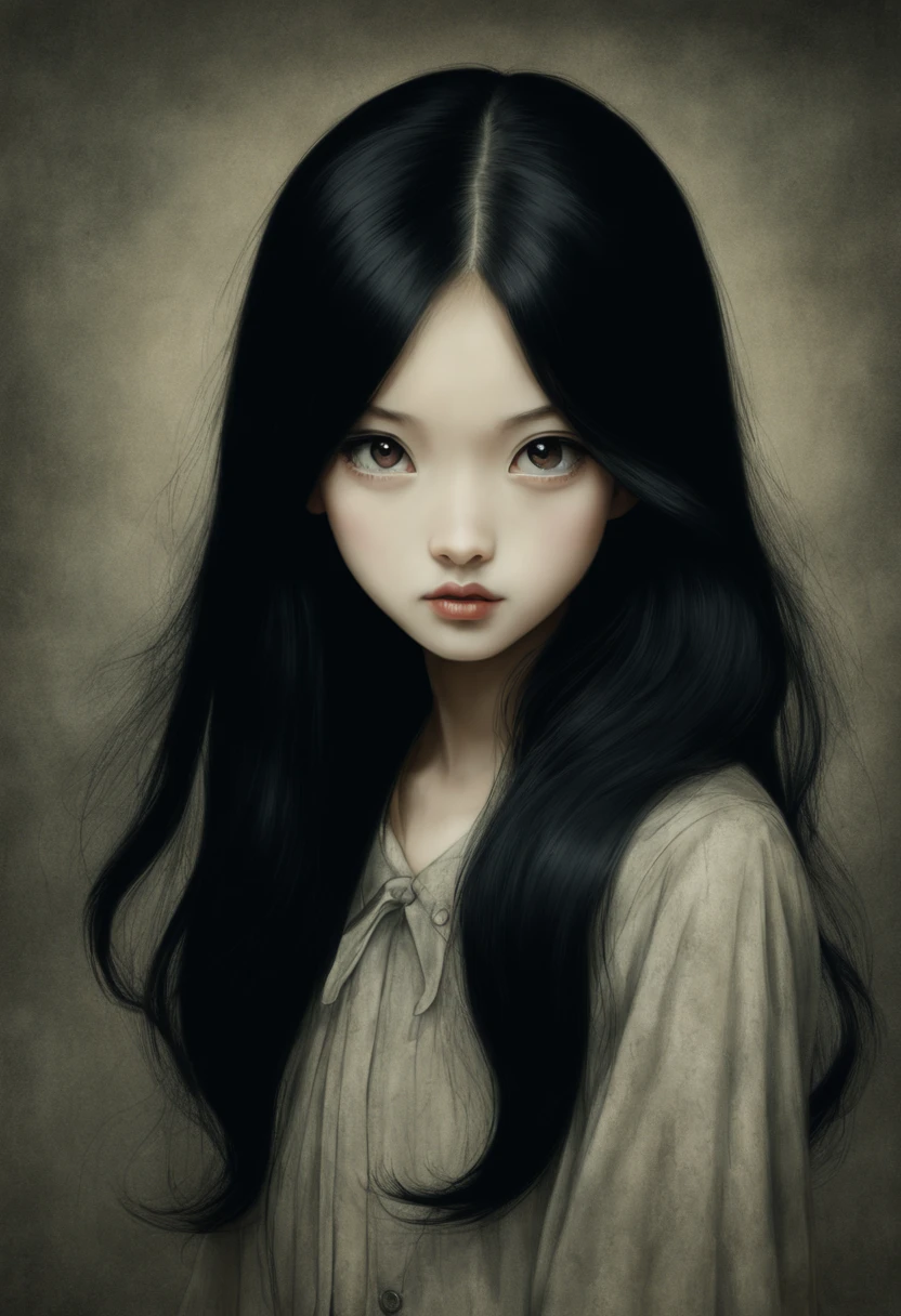 A cute and beautiful girl，long black hair，Mystery，Junji Ito's style，front，Vintage portrait，（（（A source of inspiration：Mark Leyden）））
