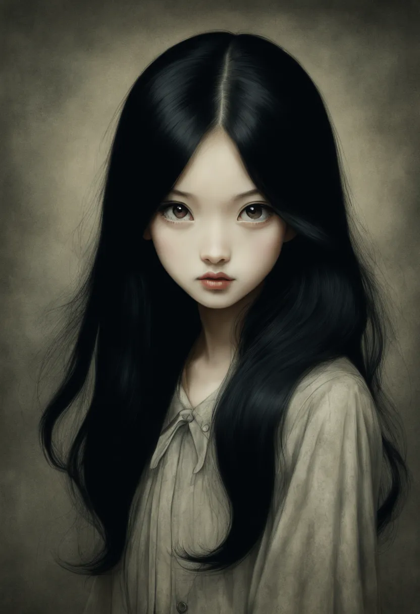 A cute and beautiful girl，long black hair，Mystery，Junji Ito's style，front，Vintage portrait，（（（A source of inspiration：Mark Leyde...