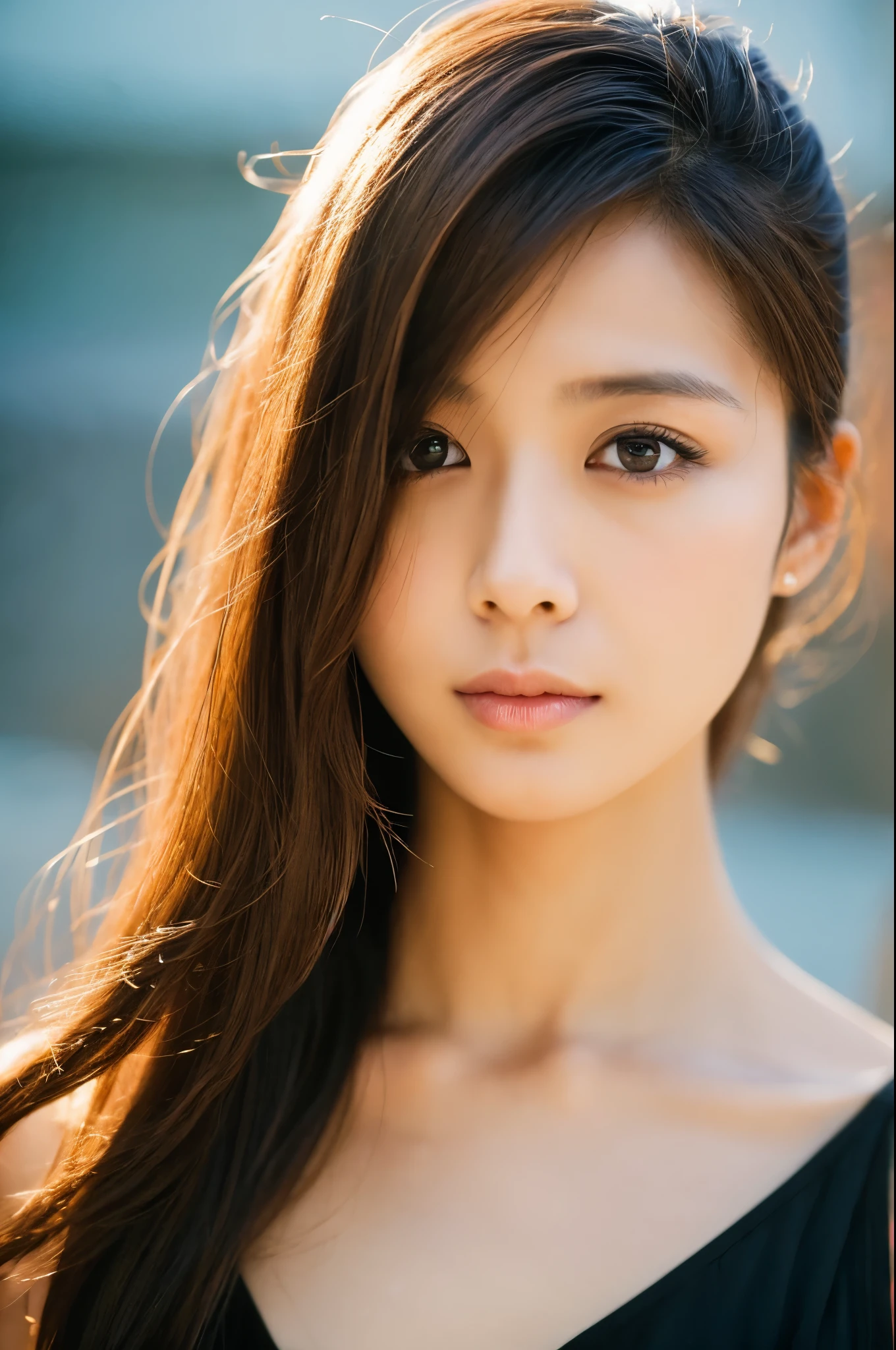 movie, film portrait photography, Hosomi Japanese woman, 30 years old, bare shoulders, wavy shoulder-length hair, calm, Calm, (realistic detailed eyes, natural skin texture, realistic facial details), soft and dramatic lighting, Depth of bounds written, Bokeh, vivid details, in detail, surreal, 35mm film, hazy blur