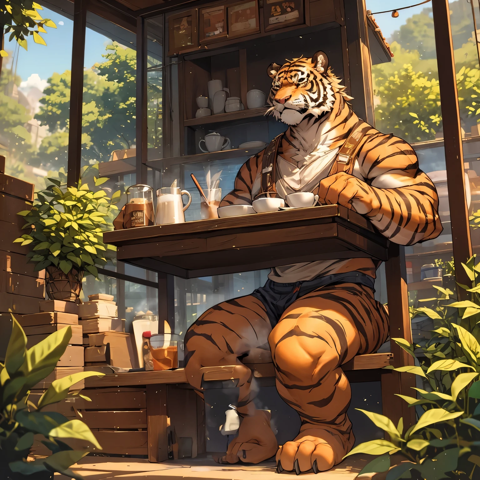 Tiger-Mann trinkt Kaffee sitzend mit ausgestreckten Beinen