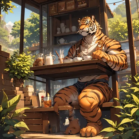 Tiger man drinking coffee sitting with legs extended