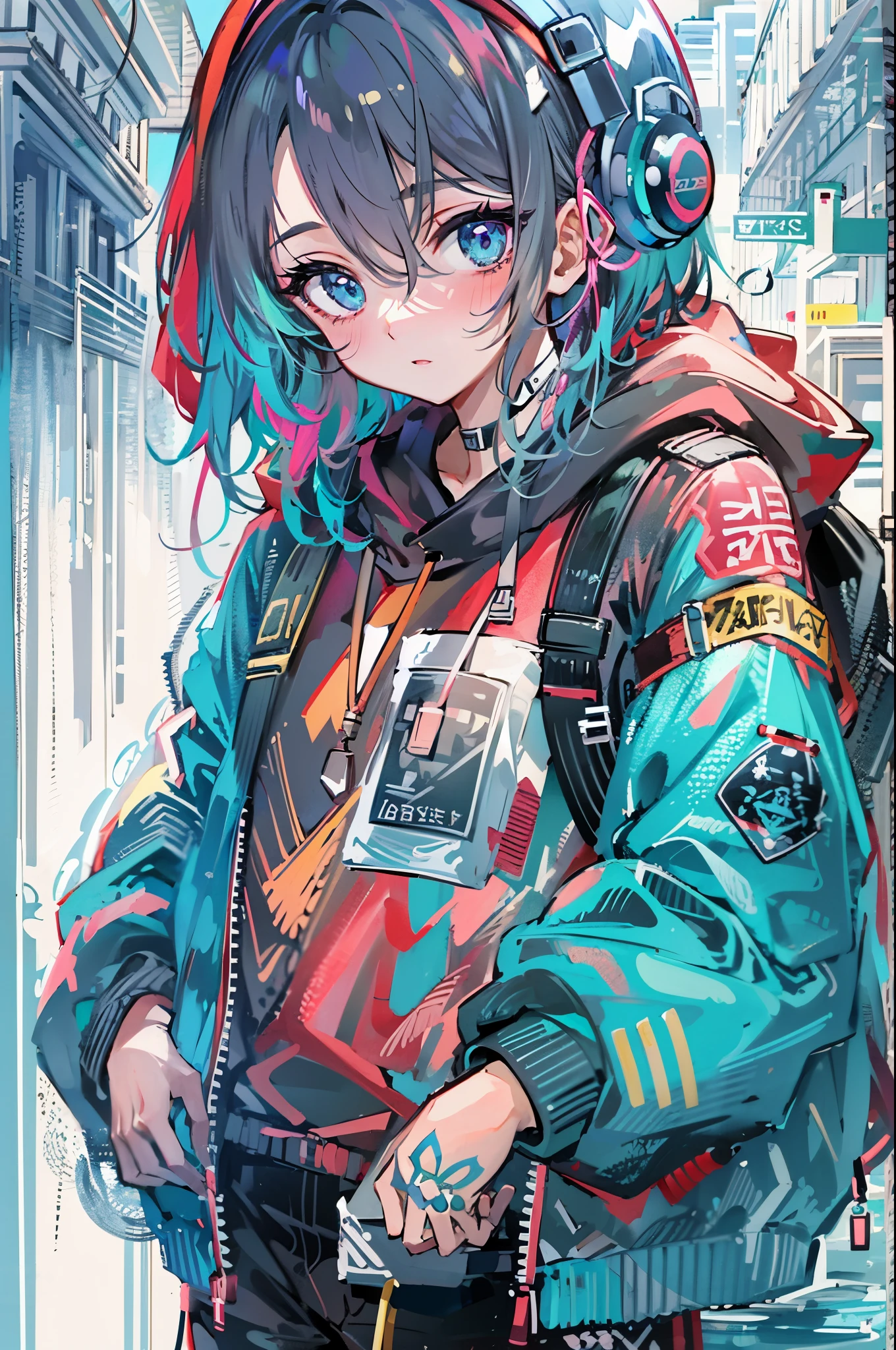 ((8K resolution))、((highest quality))、((masterpiece))、((super detailed))、1 female、solo、incredibly absurd、oversized hoodie、headphones、street、outdoor、rain、neon、short cut hair、bright colored eyes、put one&#39;s hand in one&#39;s pocket、shorts、water dripping, step piece, cool blue open short jacket, tattoo, Messy Fade Cut Hair,quirky sneakers,Eyeshadow on the eyes,unusual colored eyes, Vivid eyes,