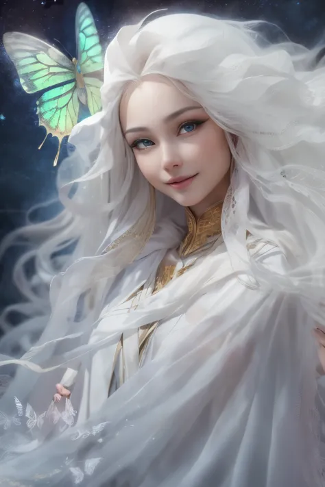 masterpiece, best quality, ethereal moonlit woman with butterfly features, white color scheme, fair beautiful skin, white flowin...