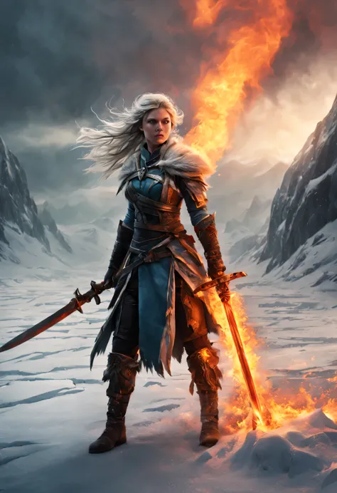 Frozen land, blizzard wind, female warrior with flaming sword standing tired