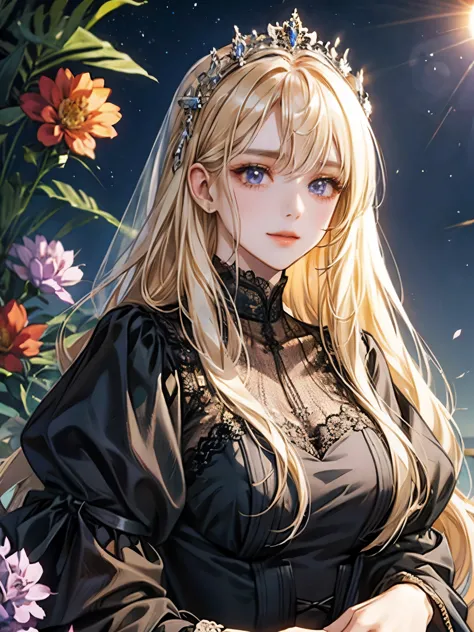 Blonde girl、long hair、straight hair、purple eyes、Wearing a black veil、black dress、Decolletage、lace dress、young girl、droopy eyes、g...