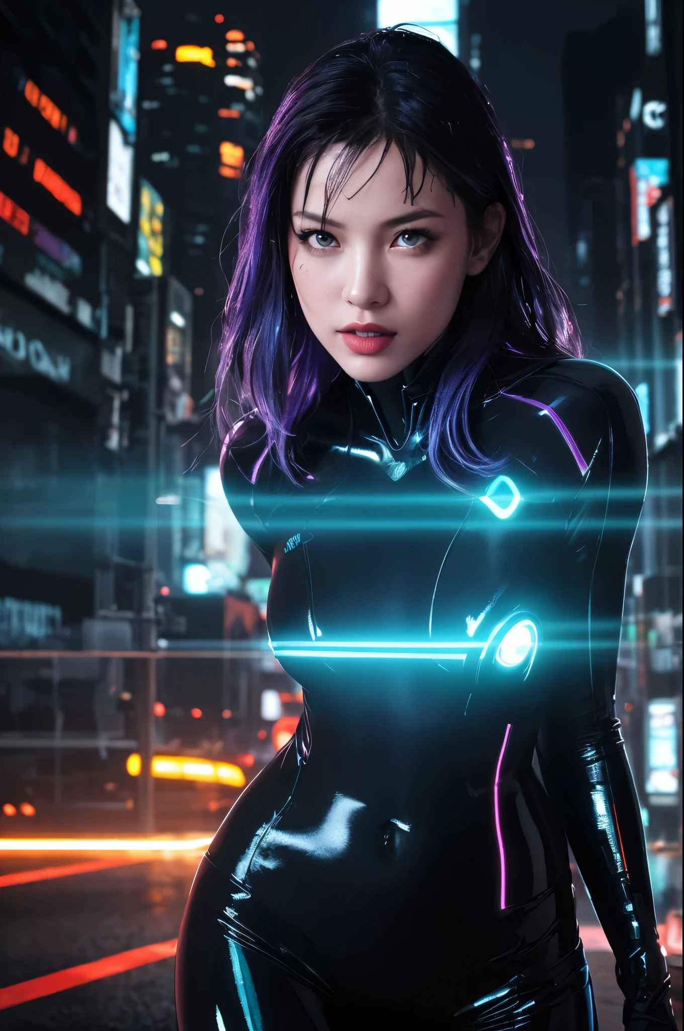 
(best quality, highres:1.2), ultra-detailed, (realistic:1.37) A sexy tron girl, vibrant holographic colors, with glowing lines tracing her curves. (futuristic, cyberpunk) vibe, light projections highlighting her sleek metallic suit, (electric blue) and (neon purple) illuminating her luminous figure. She confidently strikes (strong, fierce, powerful) fighting poses, showcasing her agility and strength. (bright, sharp) eyes pierce through the darkness, (sparkling, mesmerizing) with intensity and determination. Her (luscious, glossy) lips, radiating a (subtle, seductive) smile, hint at her playful yet fierce nature. The background is a (dystopian, futuristic) cityscape filled with towering skyscrapers, (reflecting off the wet streets, adorned with holographic billboards) casting an (eerie, vibrant) glow. Strategically positioned (light beams, spotlights), (accentuating, illuminating) her silhouette, draw attention to her captivating presence. The painting style is a mix of (digital illustration, digital painting), combining (photo-realistic) details with (stylized, sleek) elements. The entire scene bathes in a (cool, neon) color palette, with (bright, contrasting) hues adding depth and interest. The lighting is (dynamic, dramatic), casting (shadows, highlights) that bring depth and dimension to the tron girl and the surroundings.
