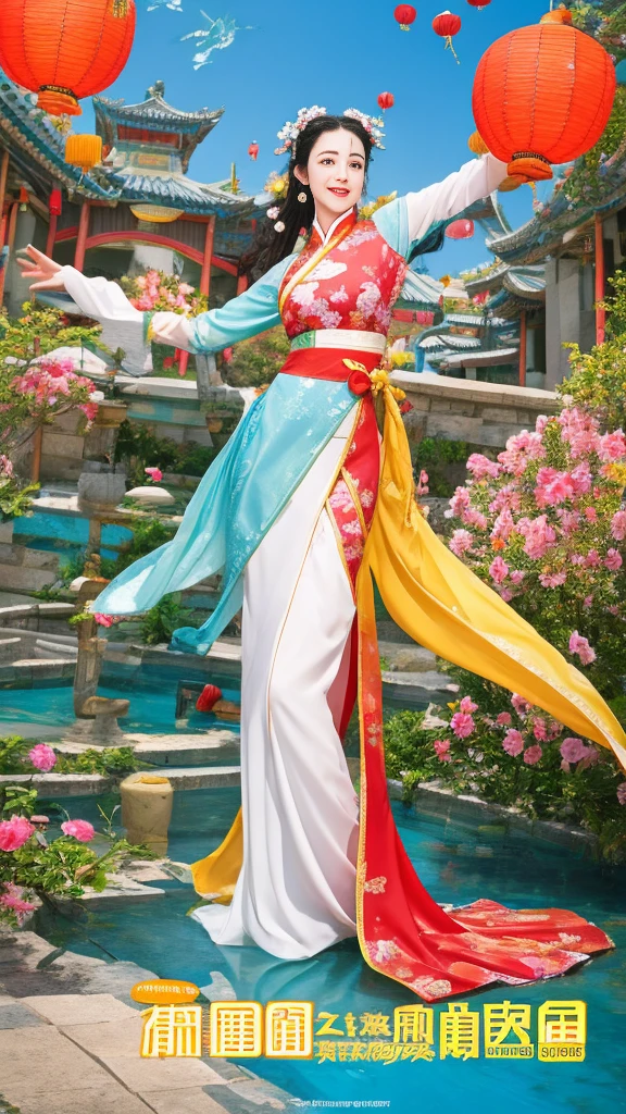 An ancient Chinese painting scroll，In the picture，The girl Chang&#39;e in gorgeous Hanfu，Charming，Curved eyebrows，slender eyes，Flying to the sky in Dunhuang style，Lightweight，The clothes are fluttering，like a dance in the air。She moves vigorously and gracefully，Complementing the ancient murals，During parkour，She makes some difficult moves from time to time，like rolling、jump、Taxi etc.，Elegant and agile posture，Combined with traditional Chinese cultural elements，Demonstrates the wisdom and strength of the Chinese nation，The whole picture is rich in color，with magnificence、Antique as the main tone。The bright colors of the murals in the Blue Rock Grottoes，Express youth and vitality；The girl Chang&#39;e&#39;s Hanfu is made of traditional Chinese red.、Bright yellow and other bright colors，Strong contrast with the background，Make the picture more vivid。The spectacular Dunhuang Grottoes in the background，Colors are warm，Showing the thickness and traces of time。In the picture心，A winding grotto corridor leads into the distance，The murals on both sides are lifelike，It's like telling an old story。There are also elements of traditional Chinese culture in the picture，Chinese dragon，Dragon culture，kite、paper lanterns、Chinese knot，national current，anime illustration，Featuring a playful character design style，Ultra high definition animation CG，3D rendering，Beautiful two-dimensional，Spring Festival poster，ultra HD16k