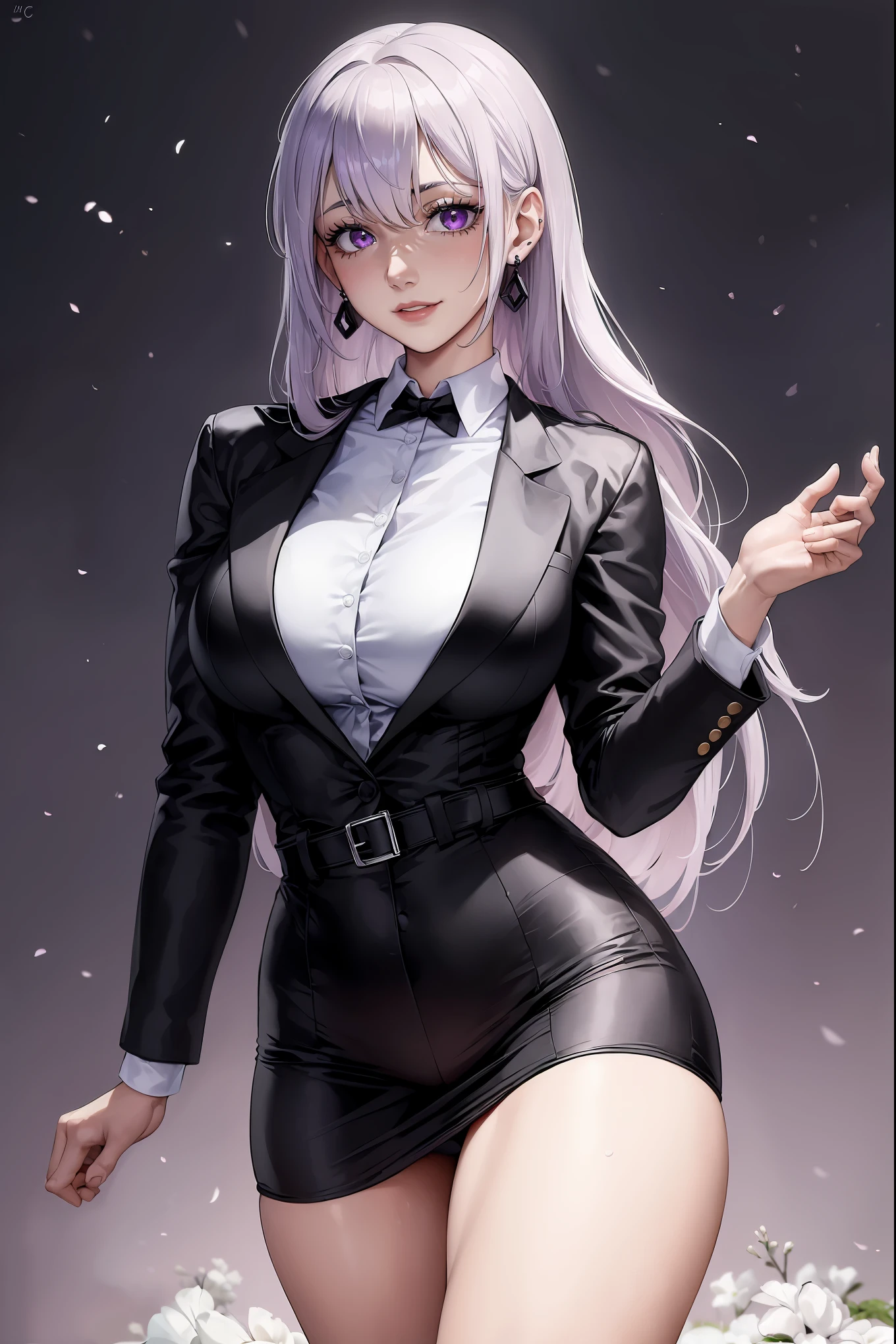(1girl:1.5),(Best quality,4K,8K,A high resolution,tmasterpiece:1.2),ultra - detailed,(actual,photoactual,photo-actual:1.37),bekat,sliver long hair,girl with Redlip,girl in suit jacket,girl in elegant clothing,Redlip,Perfect application for lipstick,(beautidful eyes:1.4),(white shirt:1.5),silber hair,a purple eye,light smile,Happy expression,highlydetailed skin,Stunning face,Long eyelashes,black eyeliner,a work of art,(Black belt:1.2),white shirt,Dangle earrings,(regular suit:1.2),Full body lesbian