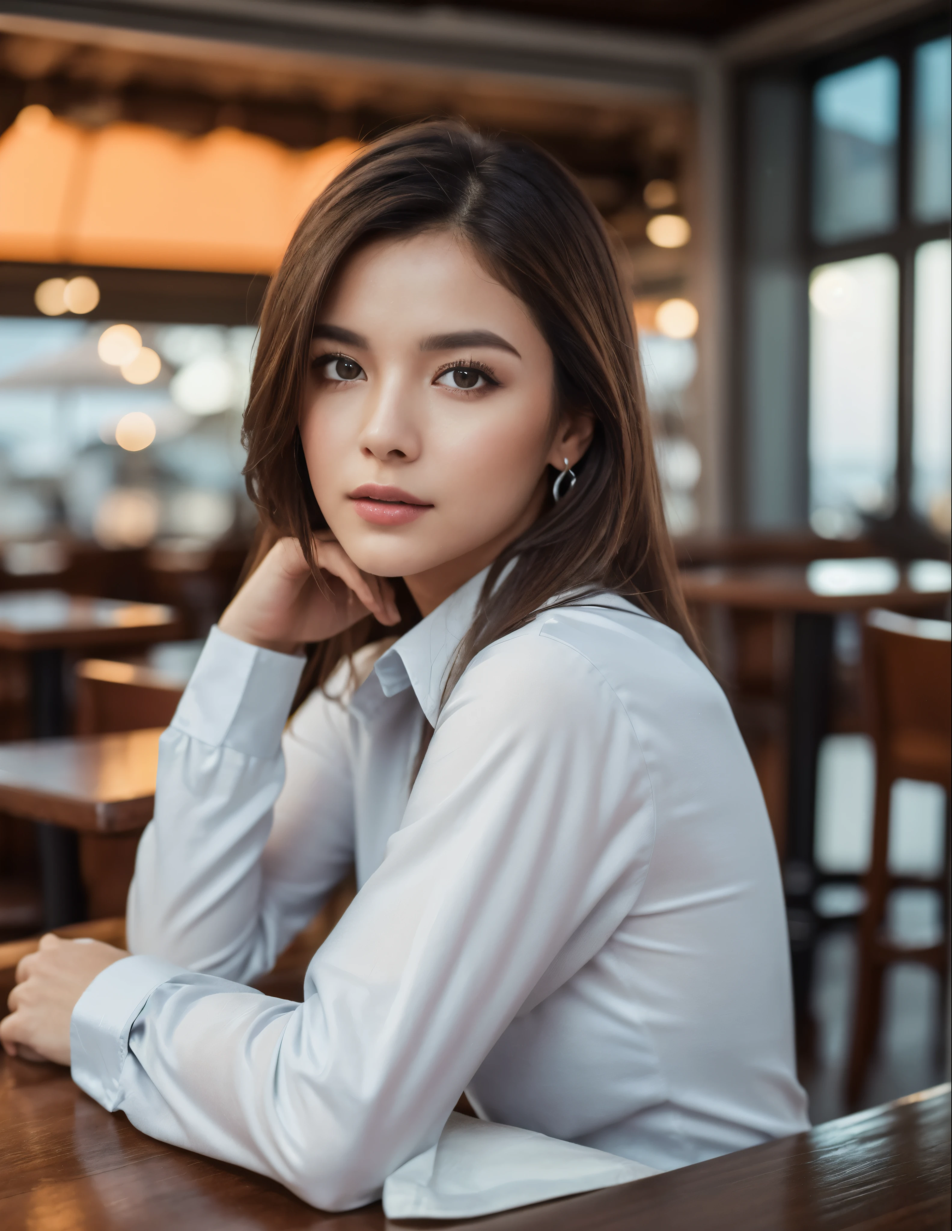 photo of (sh0hreh:0.99), a stunning beautiful young woman, hazel eyes, long messy windy light brown hair, closeup zoomed in tight crop portrait, sitting at a (table on a seaside boardwalk cafe bar drinks cocktails:1.2) wearing a (red designer long sleeve shirt:1.3) (drinks on table:1.3) (Lighting-silver:1.2) foreground objects background details (masterpiece:1.2) (photorealistic:1.2) (bokeh:1.2) (best quality) (color grading) (detailed skin:1.3) (intricate) (8k) (HDR) (cinematic lighting:1.3) (sharp focus), messy windy hair  