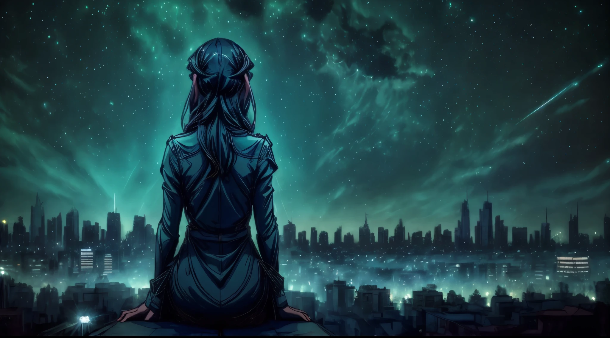 (masterpiece), best quality, cyan eyes, light grey hair, expressive eyes, Holhaya, sitting in highrise apartment room, night sky, city landscape, looking at viewer, city lights, window, highlight, dramatic lights, calm face,