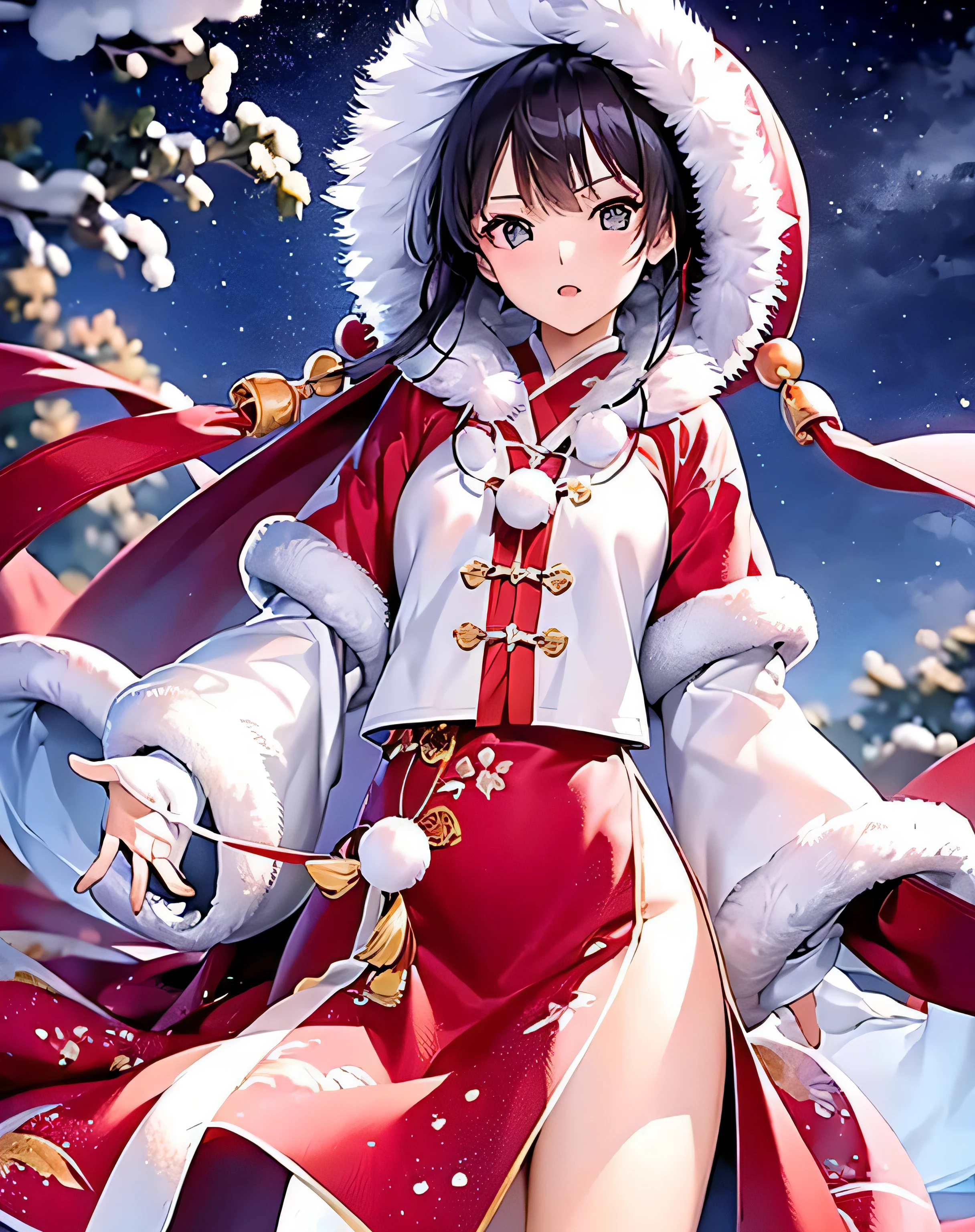 masterpiece, best quality, actual, 8k, official art, Light, ultra high resolution, 1 girl, Sky, 阳Light, 脸上有Light, Sexy, _cut out, (white hanfu), (Winter hanfu:1.2), (cloak:1.2), (snow:1.3),(whole body), French style, jewelry ,necklace , Appalachian,