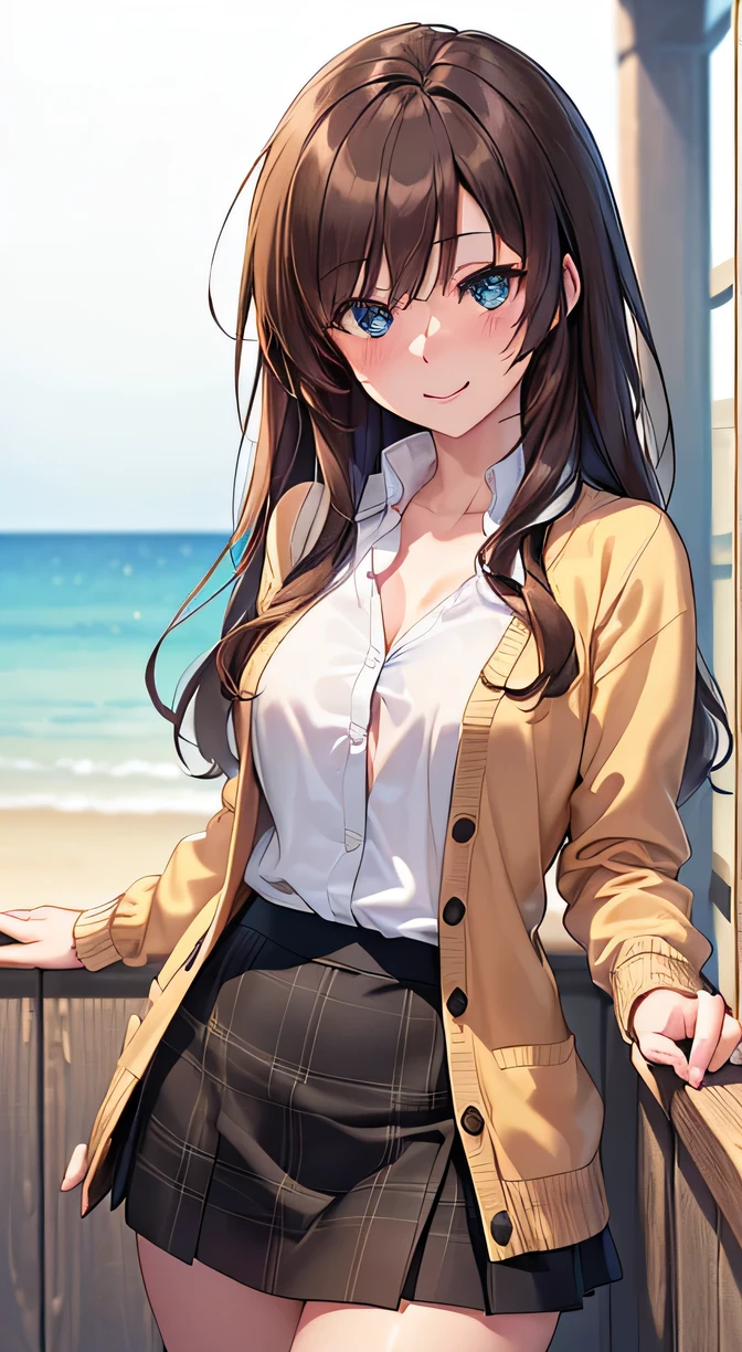 Anime girl with long brown hair and blue eyes standing on a balcony -  SeaArt AI