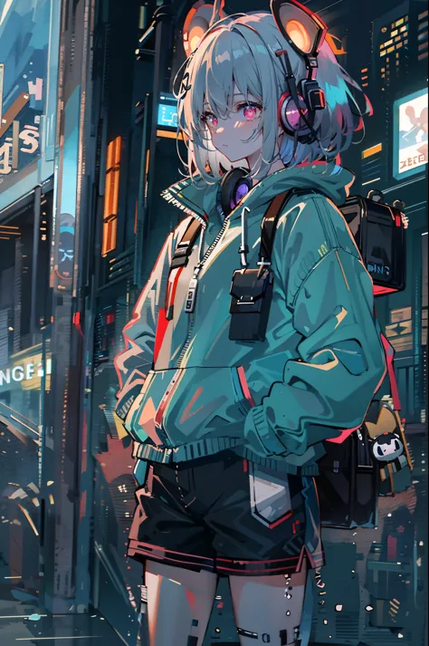 8K resolution、((highest quality))、((masterpiece))、((super detailed))、1 female、solo、incredibly absurd、oversized hoodie、headphones...