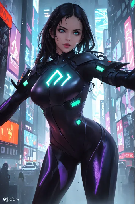 (best quality, highres:1.2), ultra-detailed, (realistic:1.37) a sexy tron girl, vibrant holographic colors, with glowing lines t...