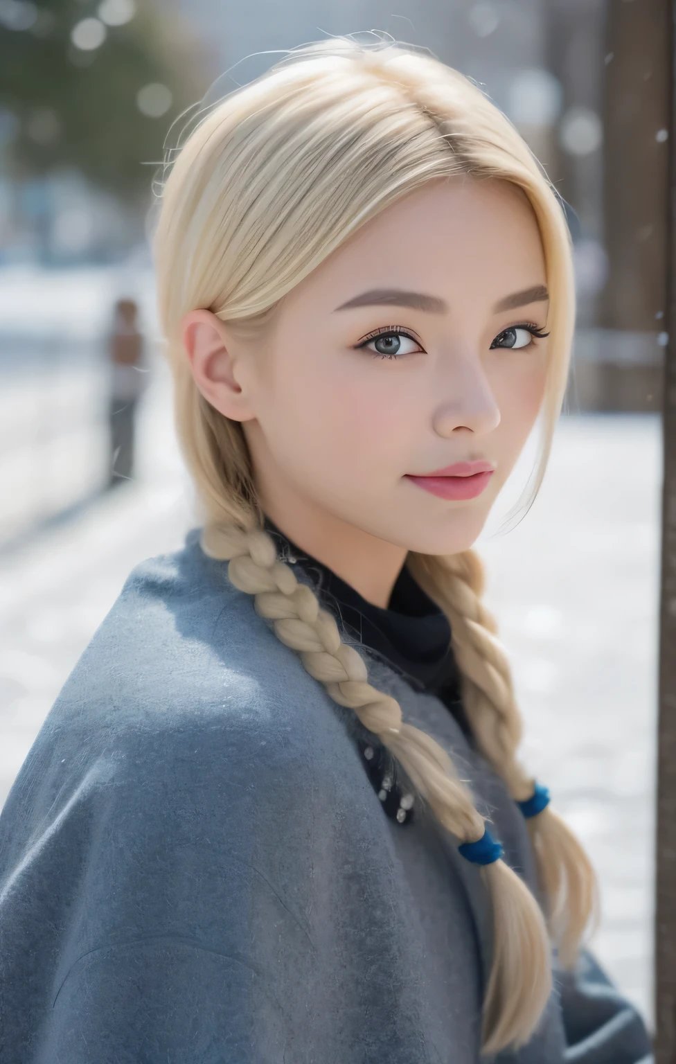 portrait d&#39;une belle femme asiatique, Thai, cheveux blonds, braided hair, hiver, En plein air, neige, fermer, Blond, timide