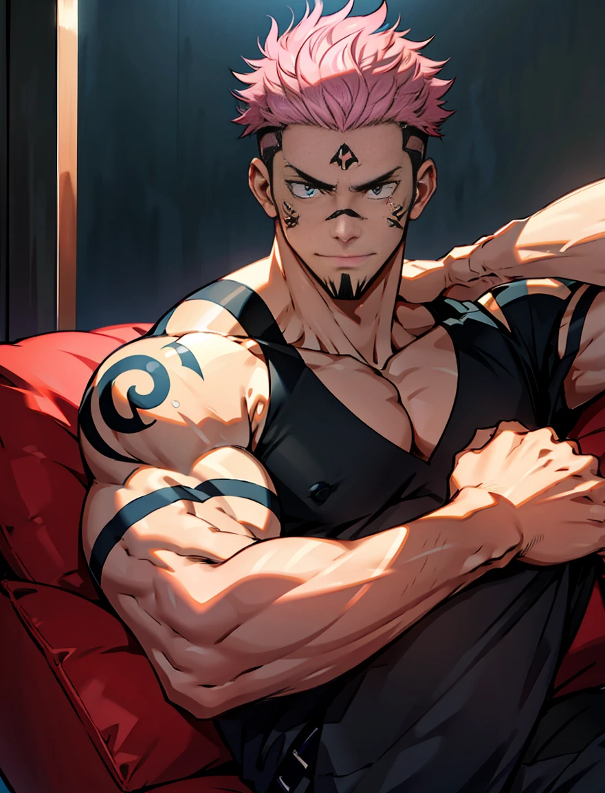 best qualityer， Masterpiece artwork， face expressiaboutless， ultra-high resolution， detailed back ground， only， male muscles， detailed short hair， Sat down， sofas， Real Shadows and Light， depth of fields， Sukuna is a man with pink hair and no shirt..， tatoo_ryoumen， tatoo_about_bere_face， eye focus， masculinity， mellow，pink eyes，