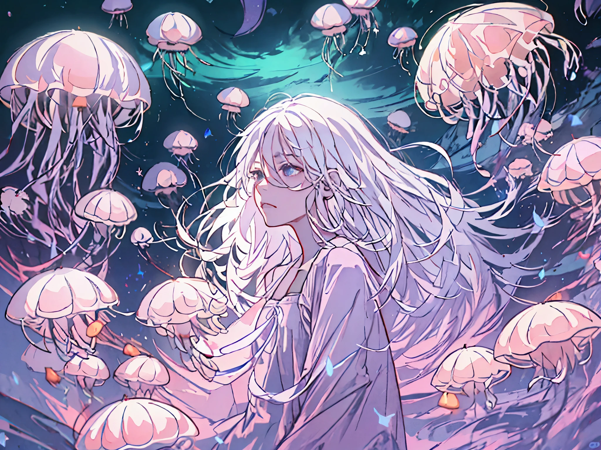 white hair girl，dream，Surrounded by glowing translucent jellyfish、waves、starry sky、moon、white blossoms、Dreamy、Artistic sense、Empty inspiration