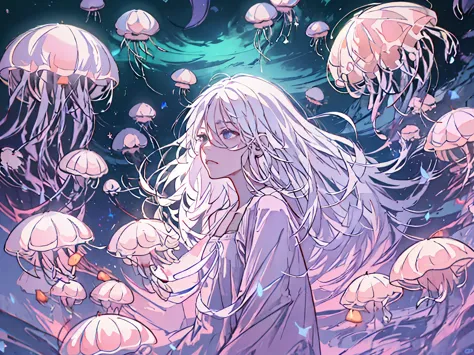 white hair girl，dream，Surrounded by glowing translucent jellyfish、waves、starry sky、moon、white blossoms、Dreamy、Artistic sense、Emp...
