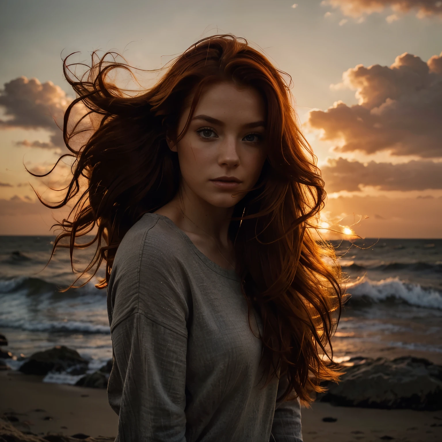 Arafed woman with long red hair standing on a beach at sunset - SeaArt AI