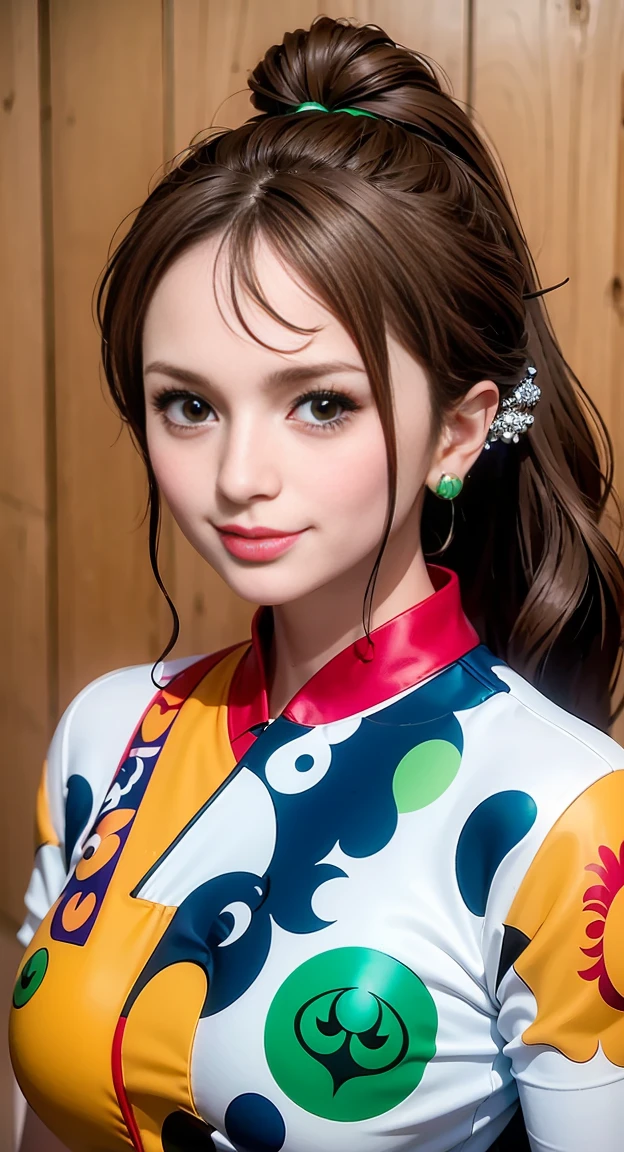 woman((30 years old)), hair((long, wavy, Kaneko, Brown)), Eye((smart Eye, green)), clothing((Style of play, pattern, Monster logo)), Accessories ((hair pin, ponytail)), Smile着, 巨big deal乳房, big deal , sports car, Race track, Smile