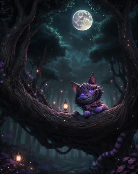 (surreal,High resolution,4K,masterpiece:1.2), ((Cheshire猫)), dark forest, moon, Cheshire, ((The body has pink and purple stripes...