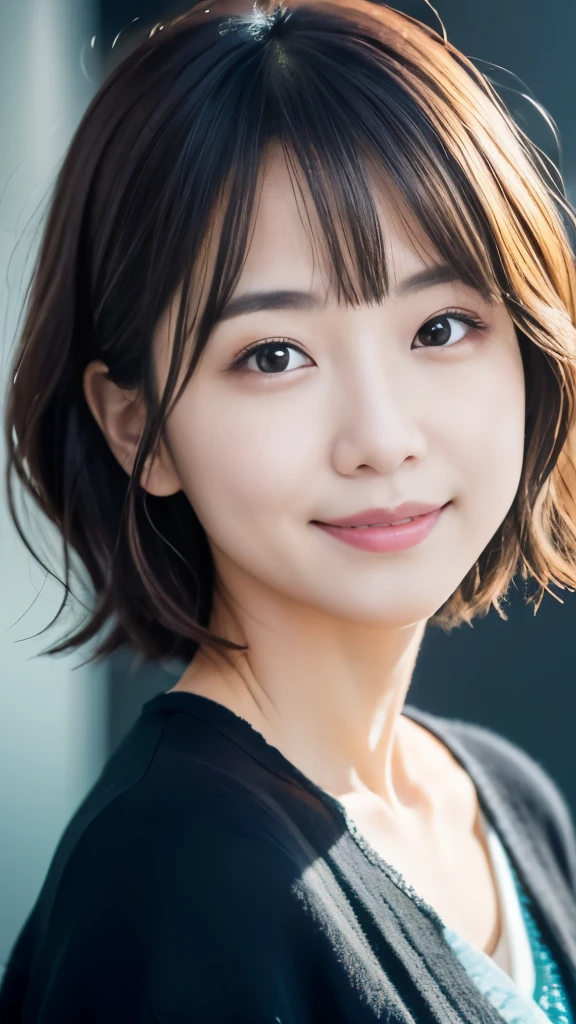 (the Extremely Detailed CG Unity 8K Wallpapers,masutepiece, Best Quality, Ultra-detailed, Looking at the camera, Light on Face, Gray background, upper body shot), 24 year old Japanese woman, Droopy eyes:1.7, Dimples:1.9, Wide lips:1.7, short hair:2.0