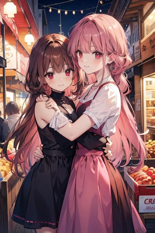 A brown haired woman with red eyes is hugging a pink haired woman's arm in a creepy marketplace
