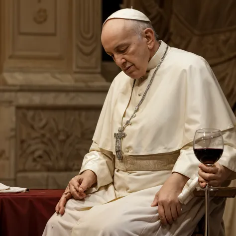 view from afar, wide shot from above, wide-angle, drunken Pope Francis laying on an altar. (white tablecloth stained with red wine), A glass of wine overturned on the embroidered tablecloth placed on the altar. ((imperfect skin)), open mouth, saliva trail,...