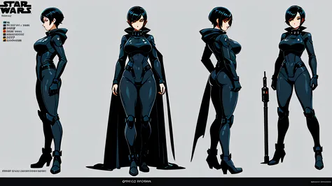 woman, black suit, space suit, oversize, character design sheet, different poses, different angles, concept art, star war, Sith, orange eyes, short black hair