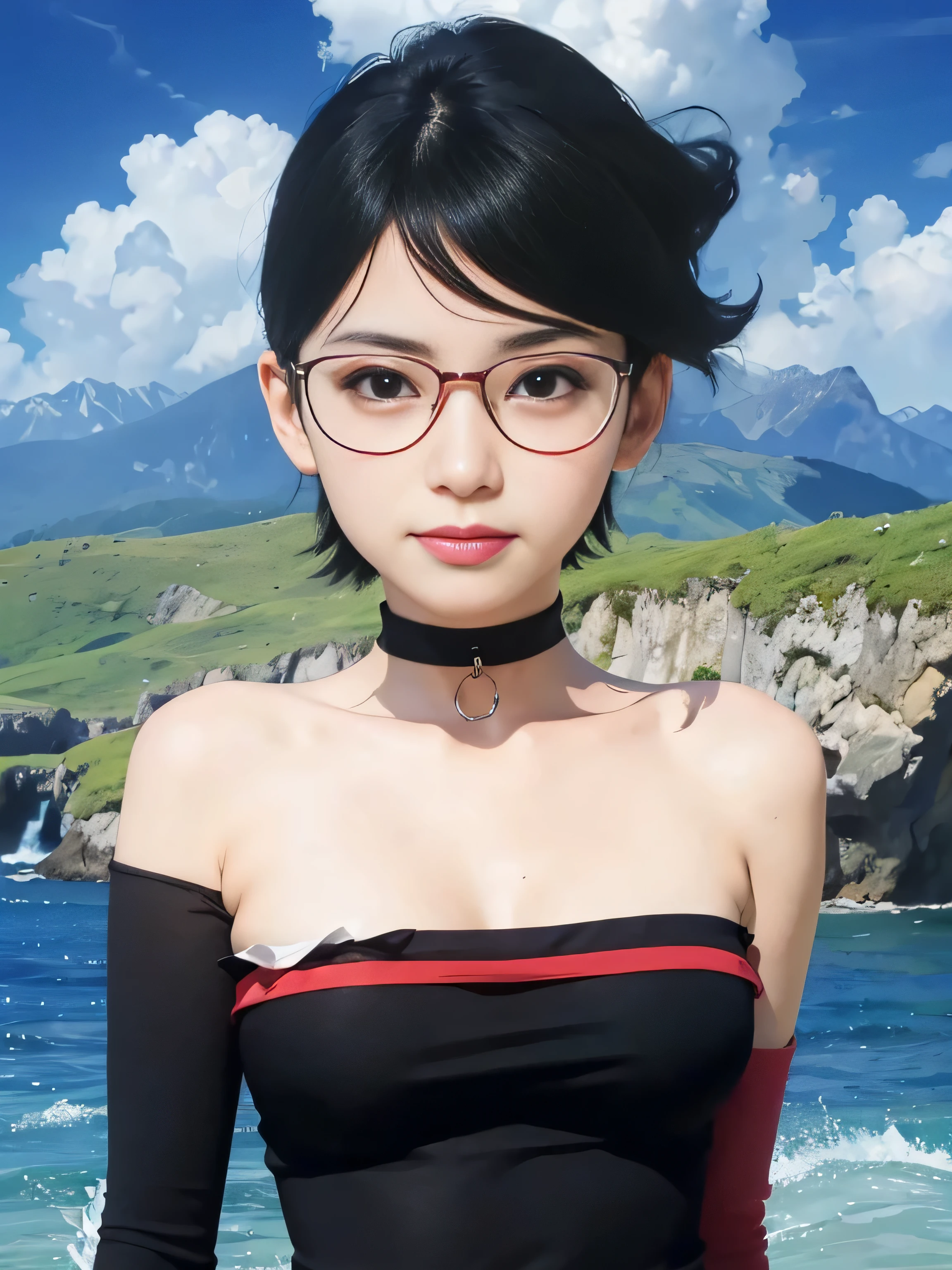 masterpiece, best quality, (realistic,photo-realistic:1.4), (RAW photo:1.2), extremely detailed CG unity 8k wallpaper, delicate and beautiful, amazing,finely detail, official art, absurdres, incredibly absurdres, huge filesize, ultra-detailed,extremely detailed eyes and face,light on face,little smile,(black hair:1.4)short hair,(wearing tube top:1.4),nature background,sarada