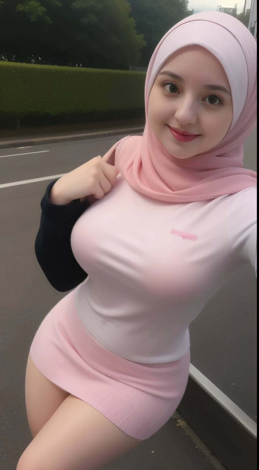 Pregnant woman in pink dress posing for picture on street - SeaArt AI