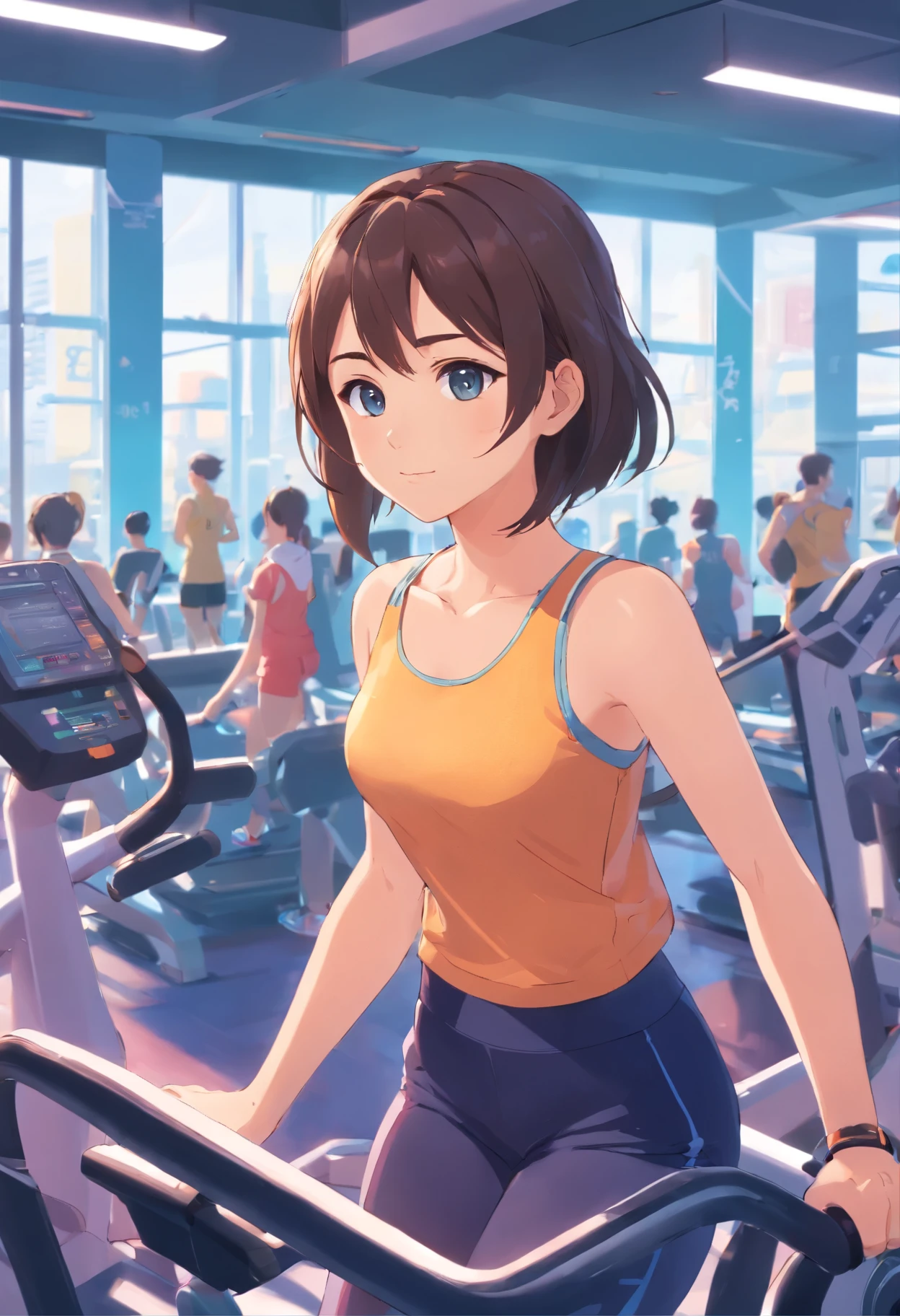 Anime girl in a gym with a tread machine - SeaArt AI