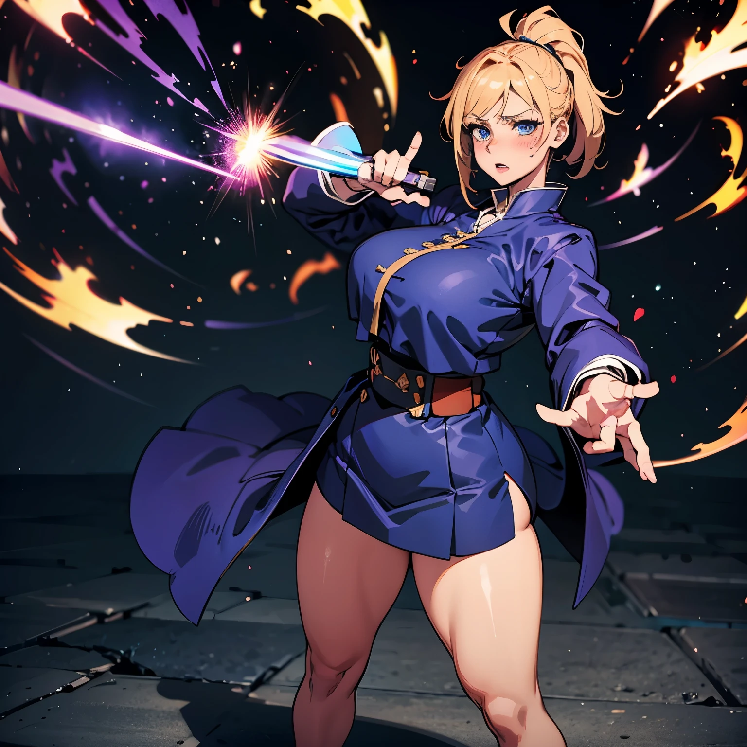 great quality, (1 women), nobara, perfect eyes, (standing), (wearing mage robe), mage robe, magic, (casting), long torso, (blonde ponytail), full body, (casting spell), blue flashes of light, blue sparks, in battle, (large tits), massive ass, thick thighs, (long torso), wide waist, skinny torso, fit, perfect face, sexy, (blushing), 