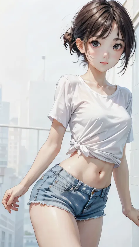 Lovely Girl . It's very cute , Round face . alone , slim , medium chest , short . glowing skin . plain white t-shirt . shorts . dynamic pose . dynamic angle . no background , white background , looking at viewer
