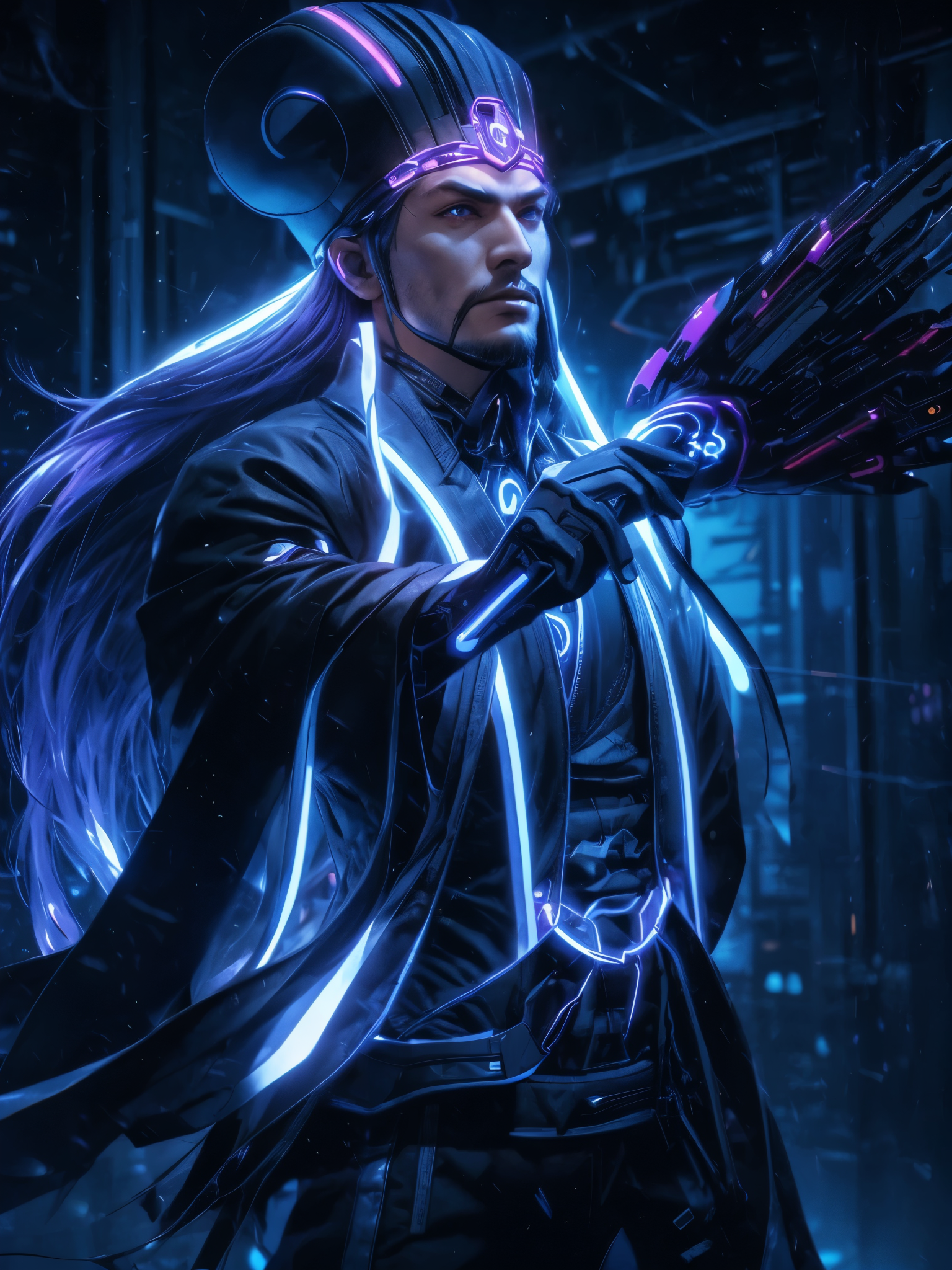 cybersamurai,top quality, super detailed, super detailed的细节, fine details, (Handsome cyberpunk man),Hack into a computer terminal, (Machine joint, machine limbs:1.3), (Wearing hat with mechanical and blue neon lights:1.2), Mechanical fan with purple neon light,  (long silver hair), ((Cyberpunk 2077 cityscape)), (Cyberpunk aesthetics and atmosphere:1.3)